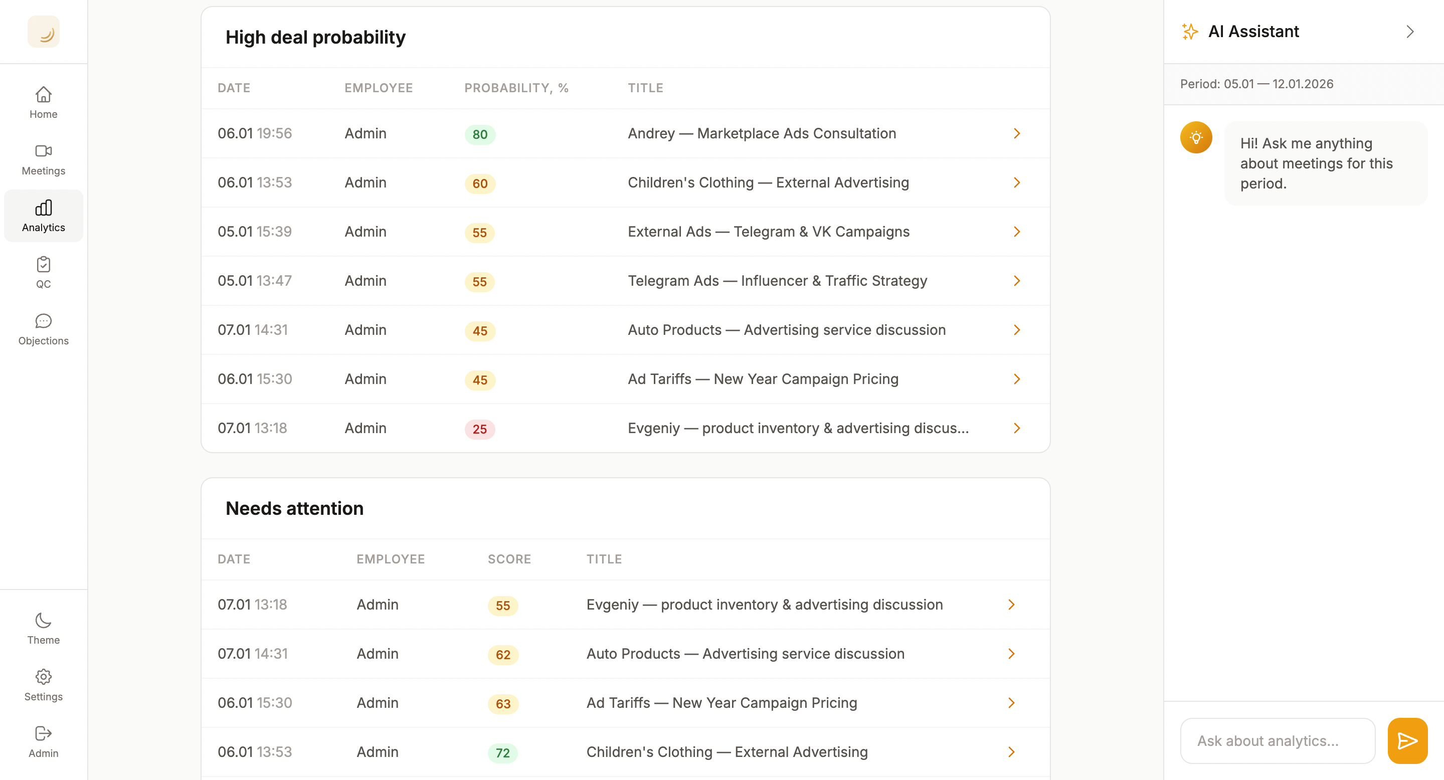 Meetings List - View all calls with scores and duration